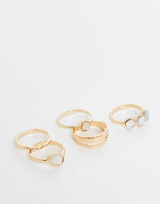 ASOS DESIGN pack of 5 rings with opal design in gold tone