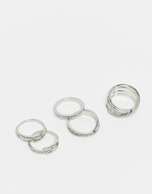 ASOS DESIGN pack of 5 rings with pave in silver tone