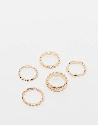 pack of 5 rings with weave detail in gold tone