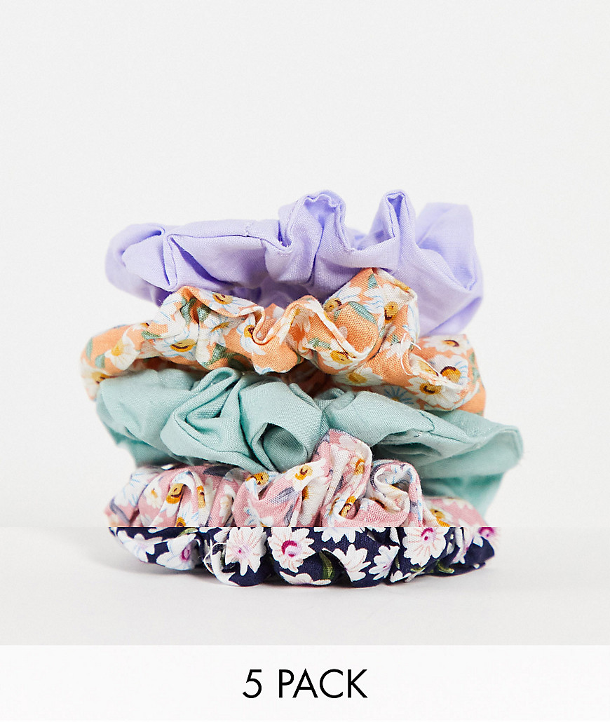 ASOS DESIGN pack of 5 skinny scrunchies in daisy floral print and plain colors-Multi