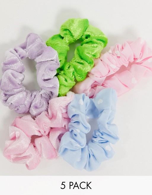 ASOS DESIGN pack of 5 skinny scrunchies with hearts and velvet