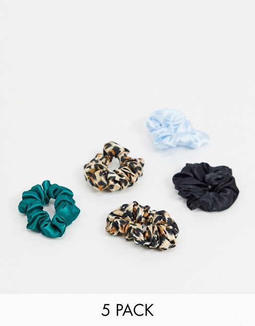 ASOS DESIGN pack of 5 skinny scrunchies with leopard print and satins