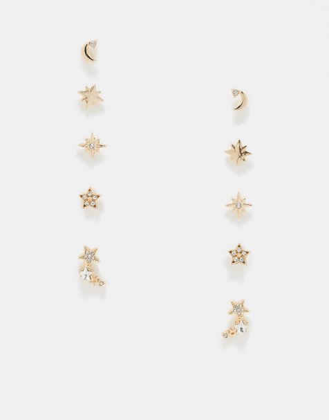 ASOS DESIGN pack of 5 stud earrings with celestial detail in gold tone - view 1