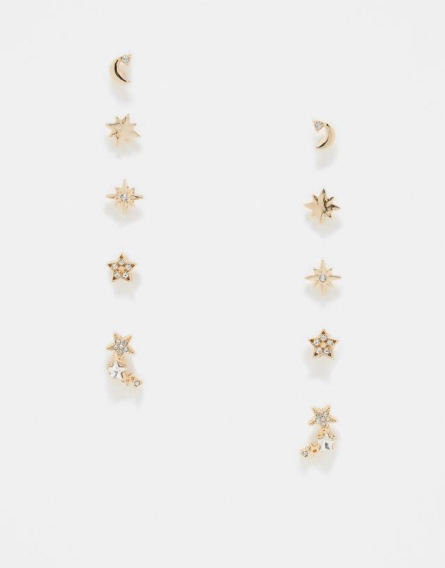 ASOS DESIGN - pack of 5 stud earrings with celestial detail in gold tone