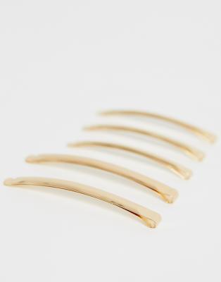 Asos Design Pack Of 5 Thin Hair Clips In Mixed Sizes In Gold Tone