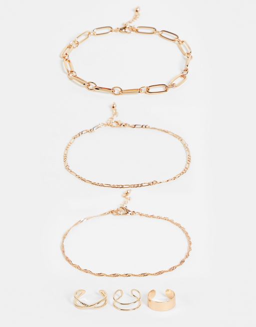 ASOS DESIGN  pack of 6 anklet and toe rings in gold tone