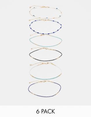 pack of 6 anklets with eye and bead design-Multi