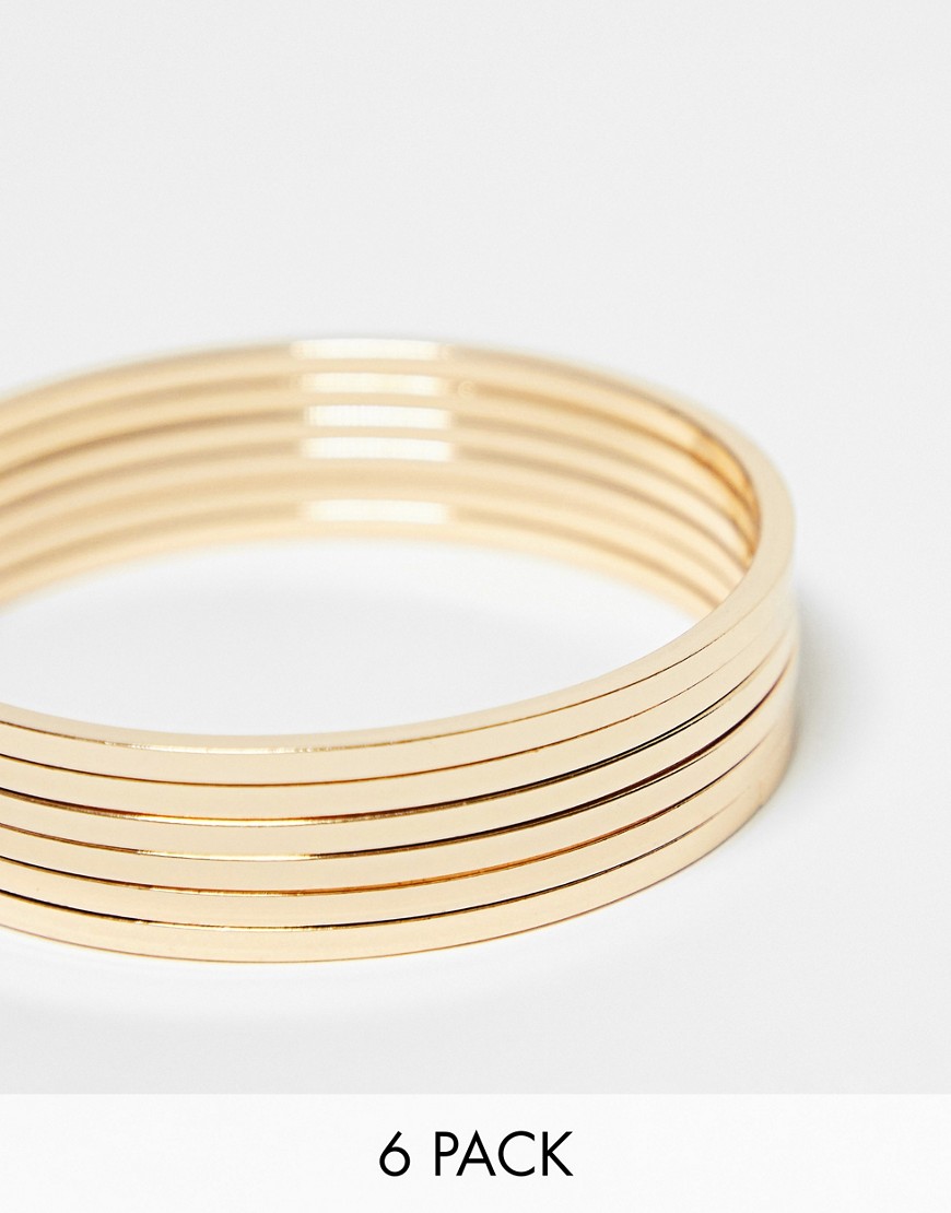 ASOS DESIGN pack of 6 bangle bracelets in slim design in gold