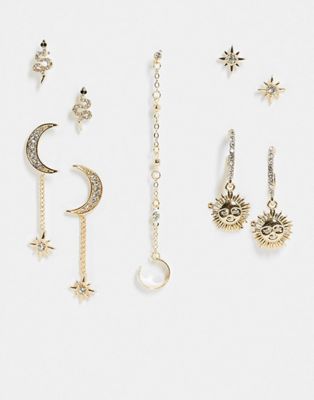 ASOS DESIGN pack of 6 earrings with mixed celestial design in gold tone