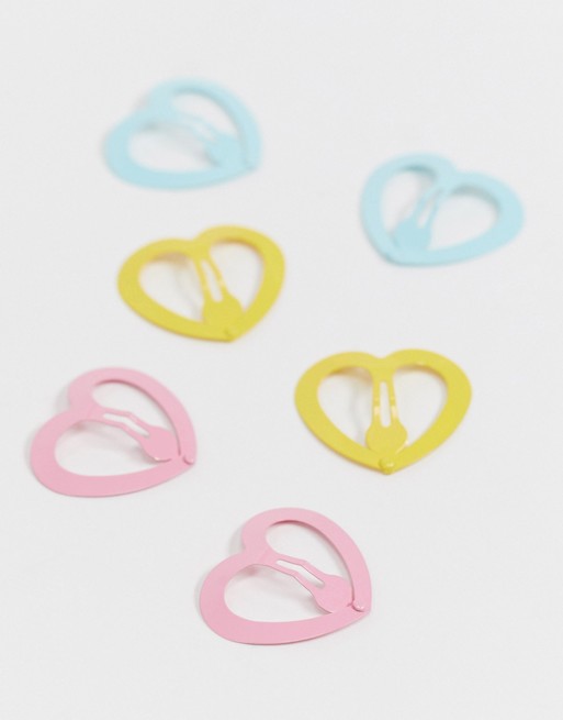 ASOS DESIGN pack of 6 hair clips in coloured metal heart shape