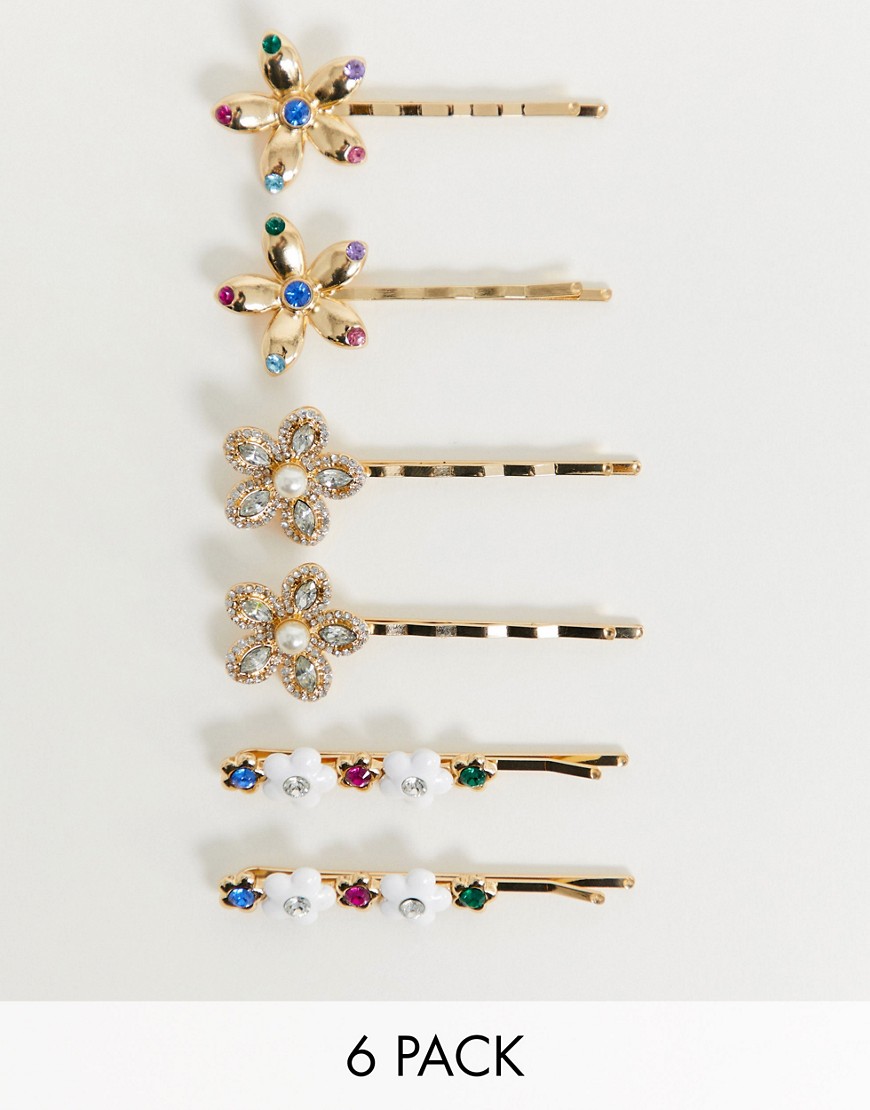 ASOS DESIGN pack of 6 hair clips in floral designs in gold tone