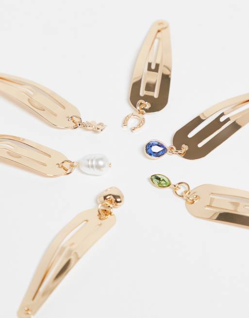 ASOS DESIGN pack of 6 hair clips with charms drops in gold tone, 3 of 3