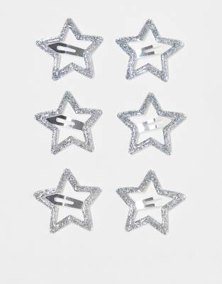 ASOS DESIGN ASOS DESIGN pack of 6 hair clips with glitter star detail in silver tone