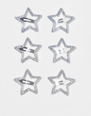 pack of 6 hair clips with glitter star detail in silver tone