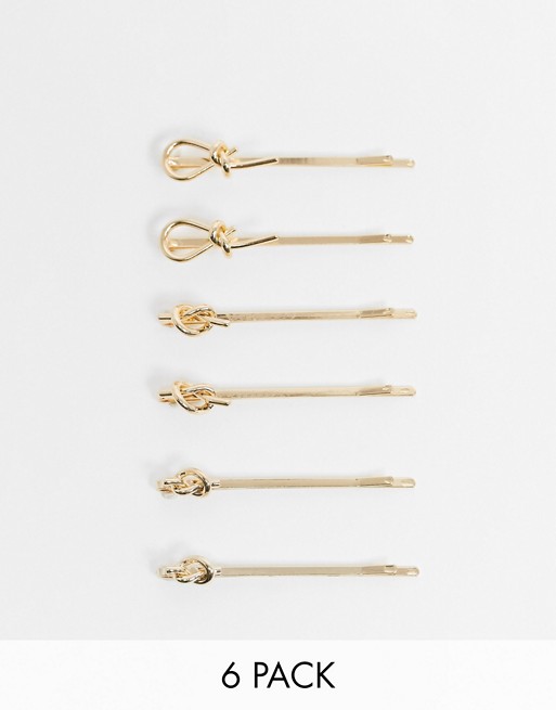 ASOS DESIGN pack of 6 hair clips with knot designs in gold tone