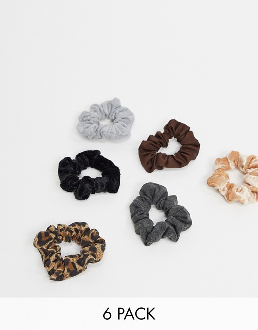 ASOS DESIGN pack of 6 skinny scrunchies in brown grey and black tones