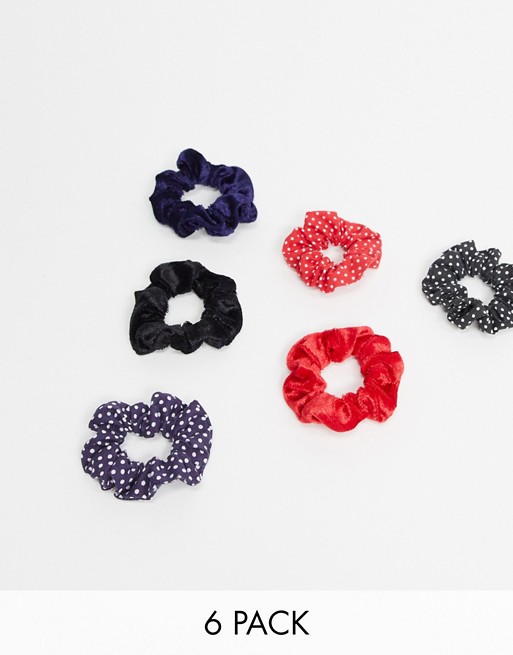 ASOS DESIGN pack of 6 hair srunchies in navy black and red prints