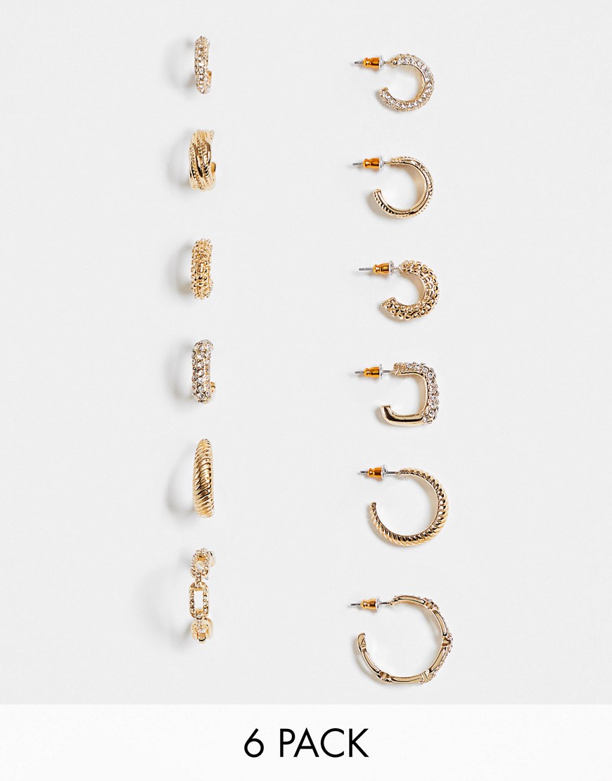 ASOS DESIGN pack of 6 hoop earrings in essential mixed texture and crystal in gold tone