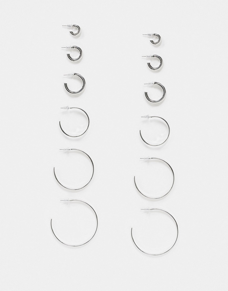 ASOS DESIGN pack of 6 hoop earrings in thin and thick designs in silver tone