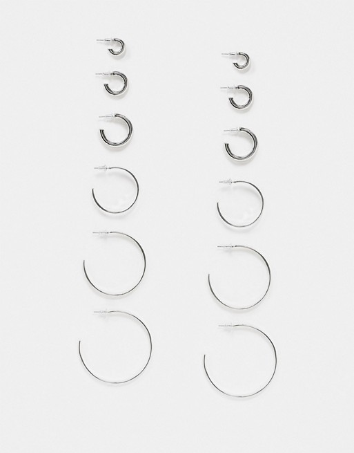 ASOS DESIGN pack of 6 hoop earrings in thin and thick designs in silver tone