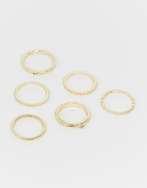 ASOS DESIGN pack of 6 rings in engraved rope and twisted designs in gold tone