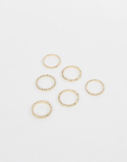 ASOS DESIGN pack of 6 rings in mixed chain design in gold