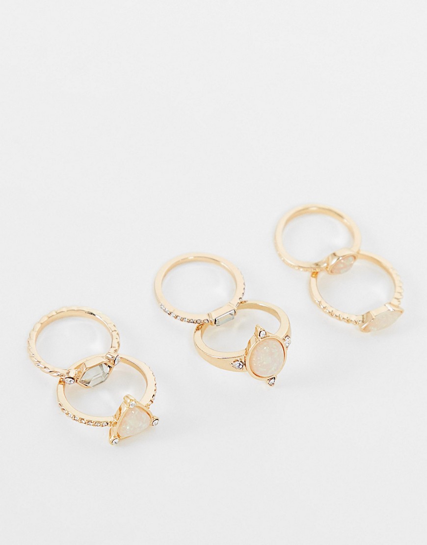 ASOS DESIGN pack of 6 rings in opal stone set design-gold