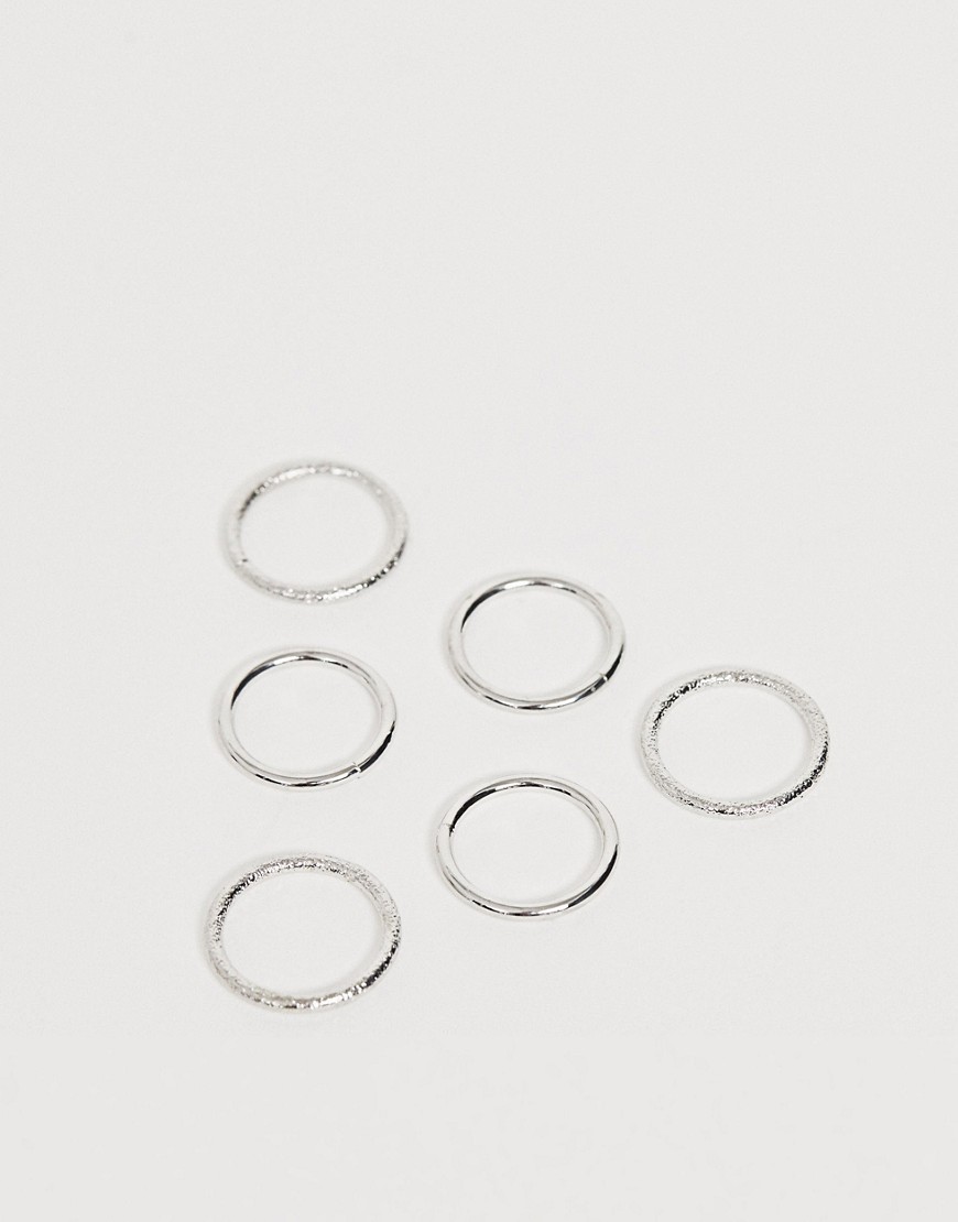 ASOS DESIGN pack of 6 rings in smooth and texture in silver tone
