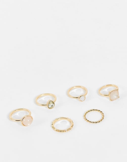 ASOS DESIGN pack of 6 rings with pastel colored stones in gold tone