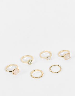 ASOS DESIGN pack of 6 rings with pastel coloured stones in gold tone | ASOS