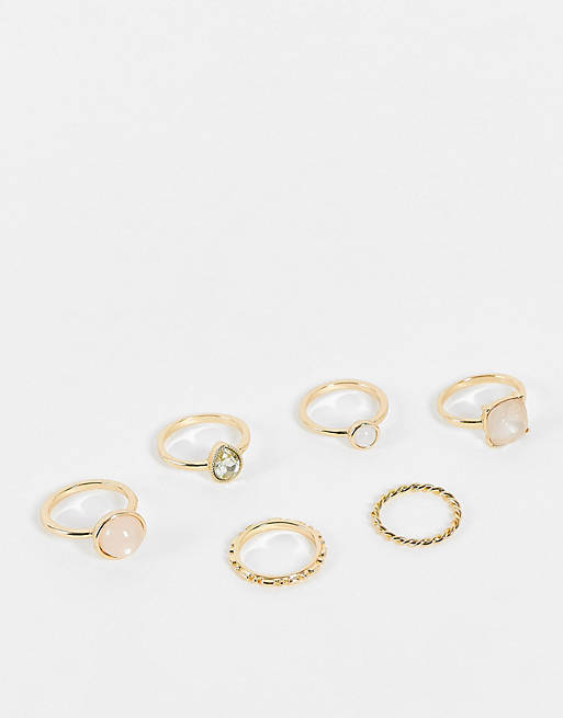 ASOS DESIGN pack of 6 rings with pastel coloured stones in gold tone