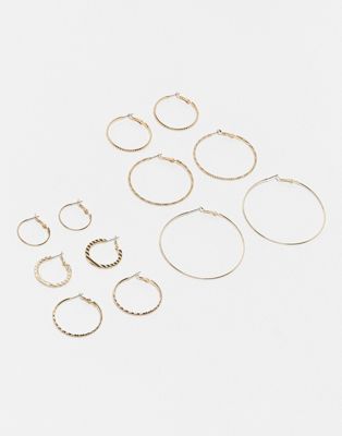 ASOS DESIGN pack of 6 skinny hoop earrings with textured design in gold tone