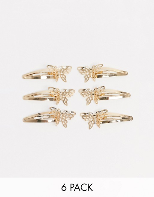 ASOS DESIGN pack of 6 snap hair clips with butterflies in gold tone