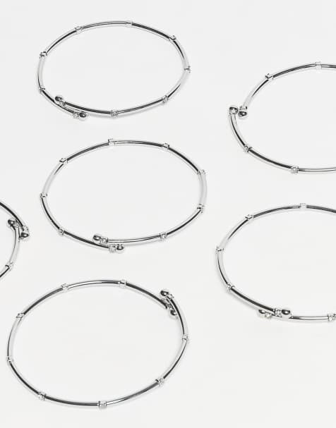 ASOS DESIGN pack of 6 stretch wire bracelets with sparkly diamante details in silver tone - view 1