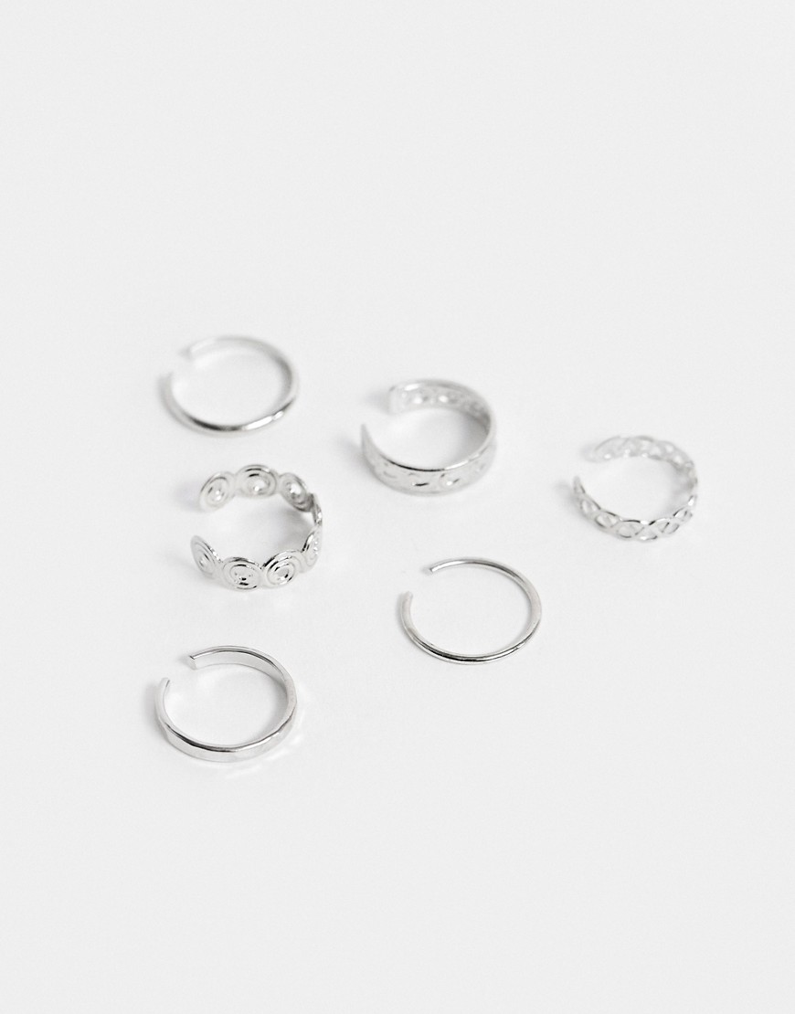 ASOS DESIGN pack of 6 toe rings in minimal design in silver tone