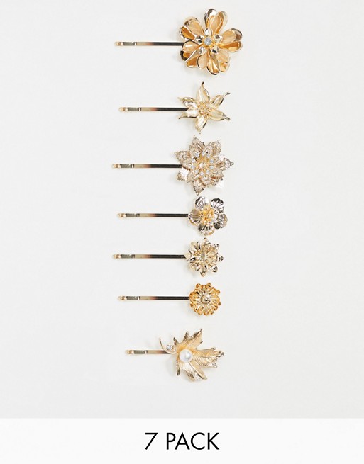 ASOS DESIGN pack of 7 hair clips in mixed floral leaf designs in gold tone
