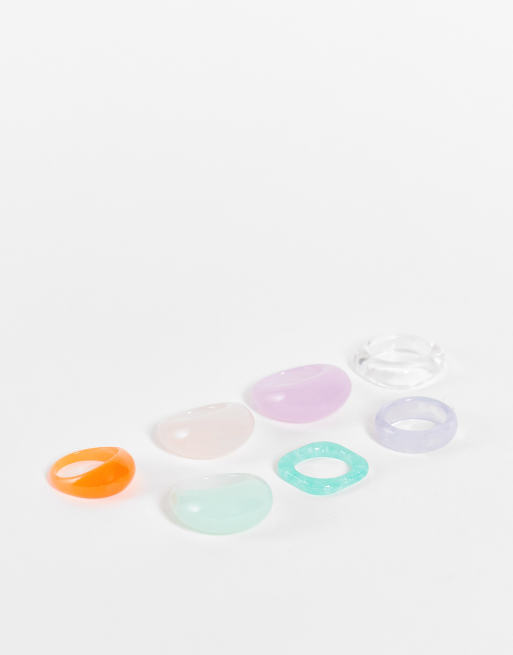 ASOS DESIGN pack of 8 mixed colorful rings in plastic