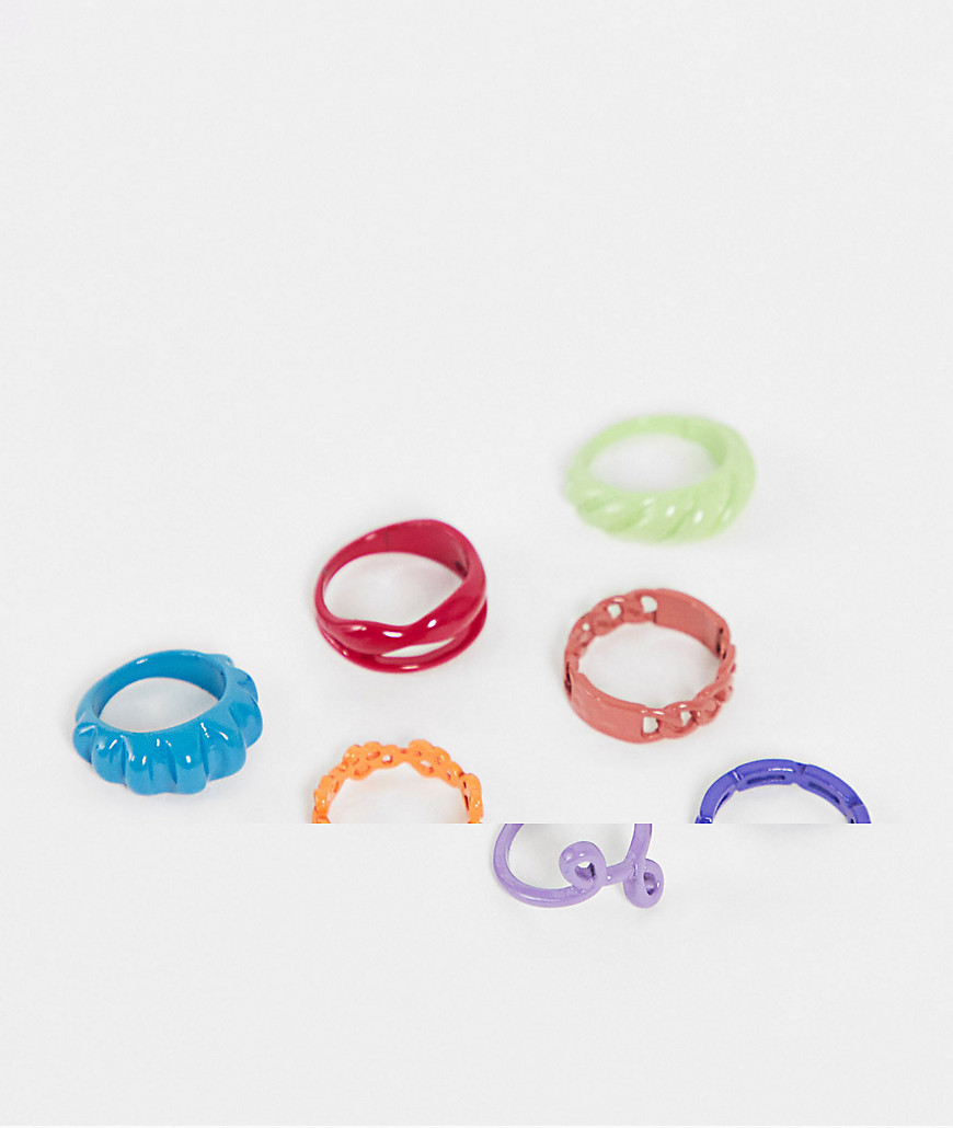 ASOS DESIGN pack of 7 rings in mixed coated metal and rubber-Multi