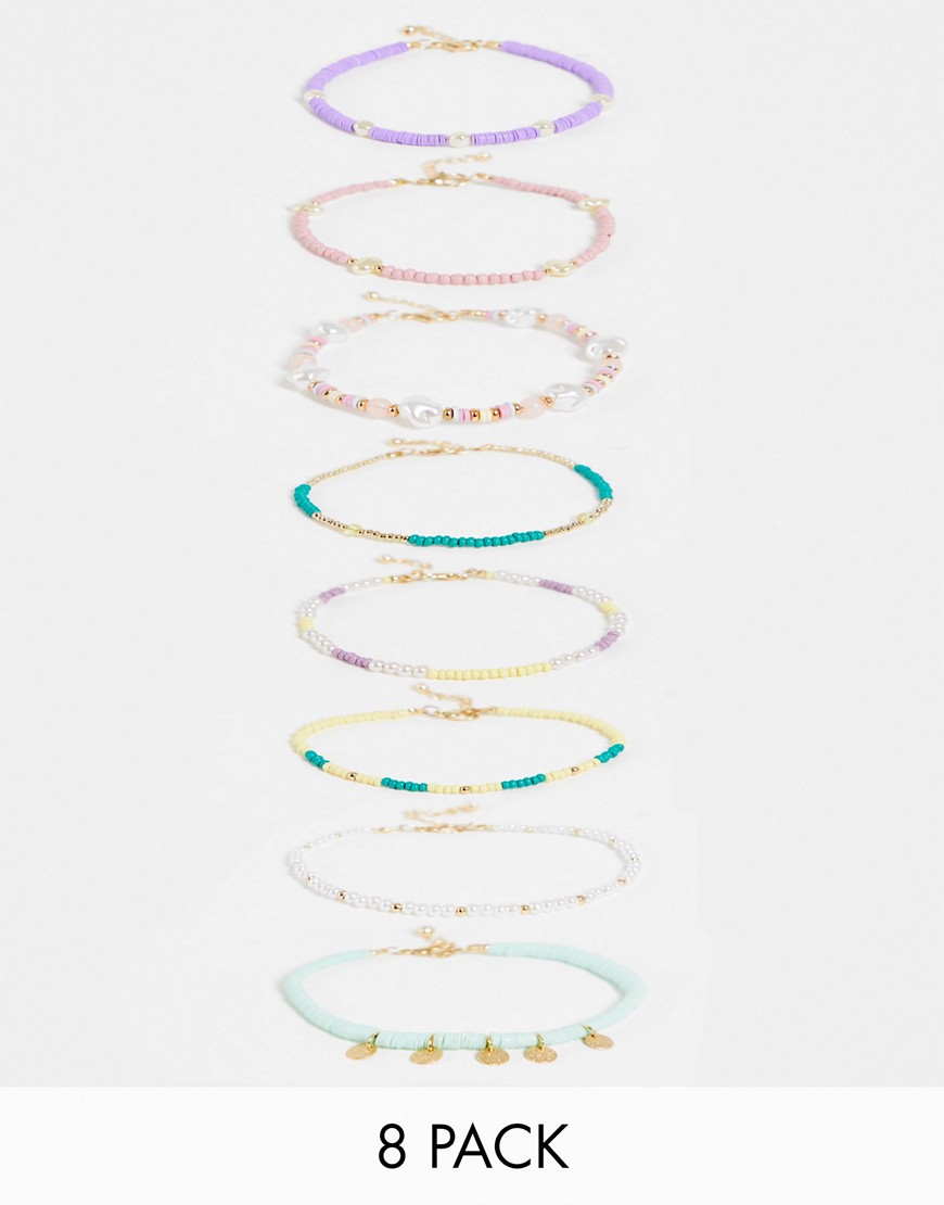 ASOS DESIGN pack of 8 anklets in mixed bead design-Multi