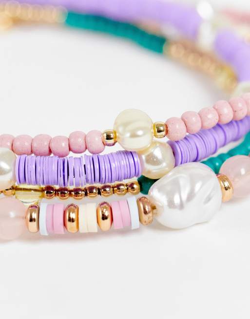 ASOS DESIGN pack of 8 anklets in mixed bead design, 2 of 4