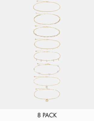 Asos Design Pack Of 8 Anklets With Mixed Chain And Faux Pearl Design In Gold Tone