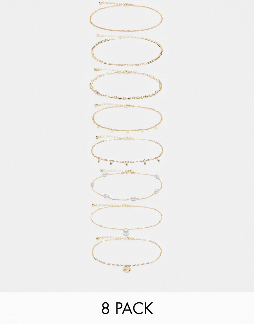 Asos Design Pack Of 8 Anklets With Mixed Chain And Faux Pearl Design In Gold Tone