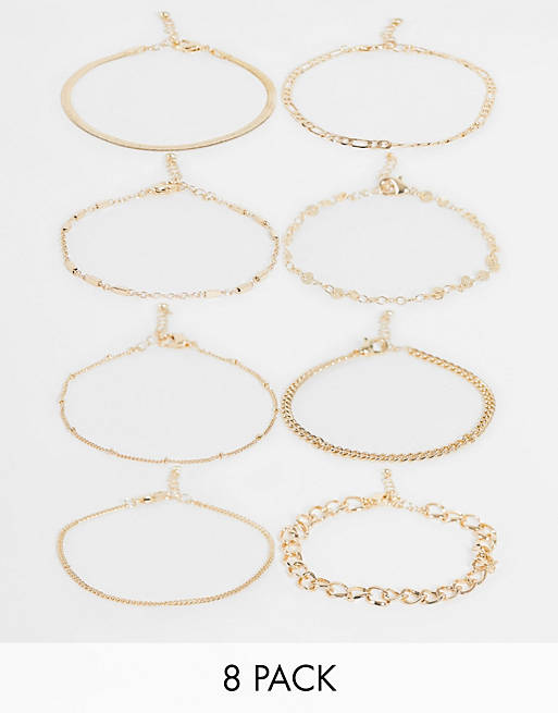 ASOS DESIGN pack of 8 chain bracelets in gold tone