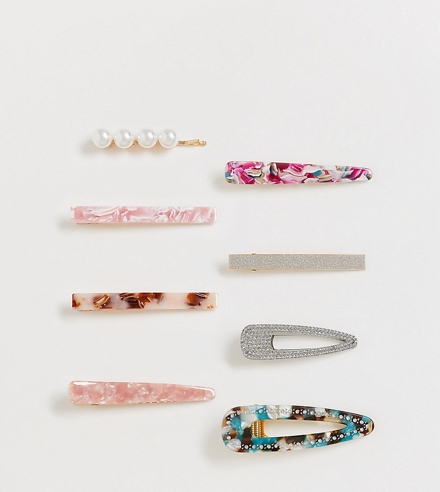 ASOS DESIGN pack of 8 hair clips in crystal embellished pearl and resins-Multi