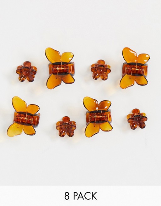 ASOS DESIGN pack of 8 hair clips in flower and butterfly shape in tortoiseshell
