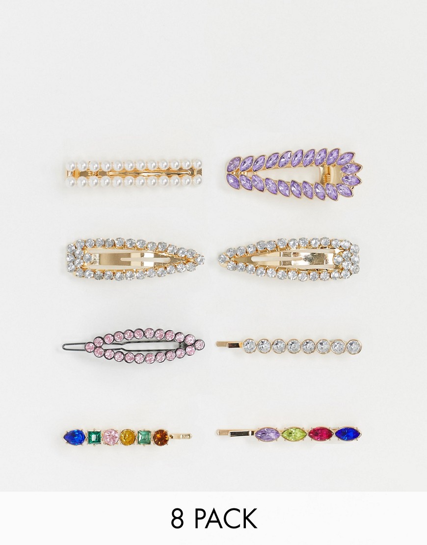 ASOS DESIGN pack of 8 hair clips in mixed colour crystal and pearl designs-Multi