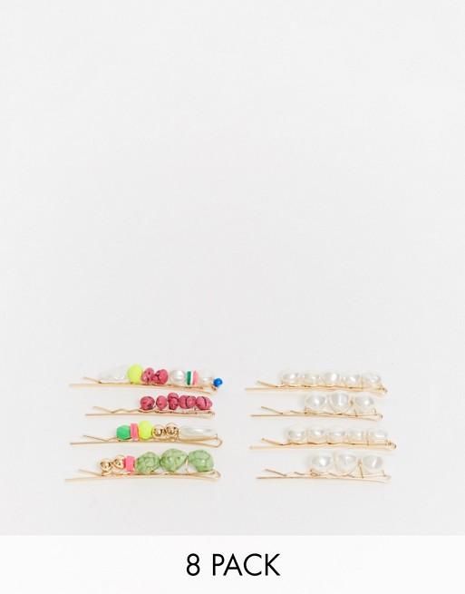 ASOS DESIGN pack of 8 hair clips with faux pearls and stone beads