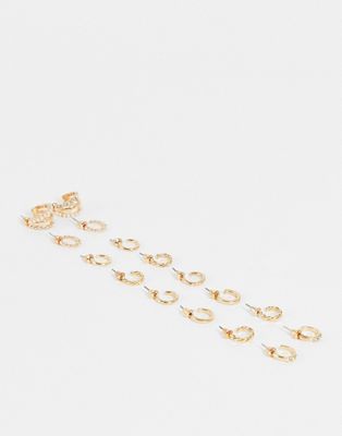 ASOS DESIGN pack of 8 hoop earrings with mixed pearl designs in gold tone