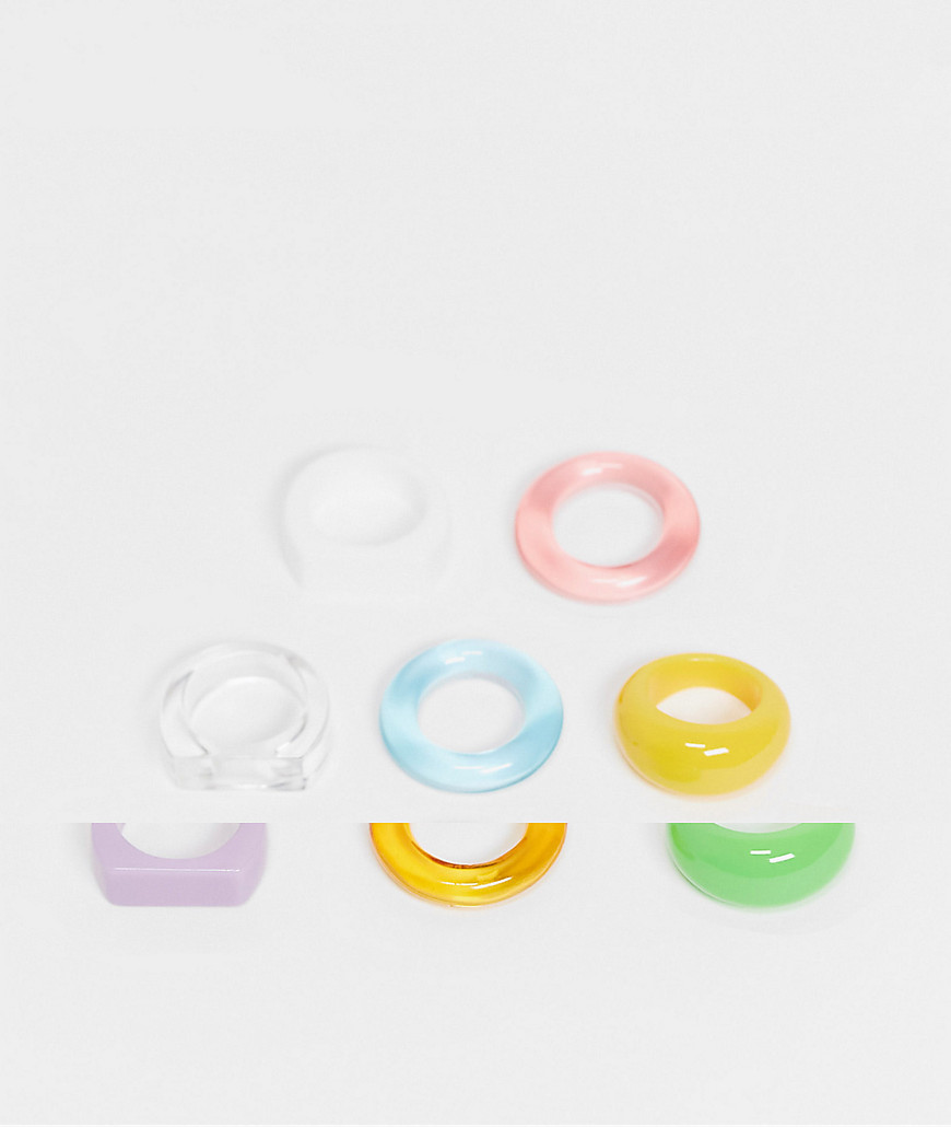 ASOS DESIGN pack of 8 mixed colorful rings in plastic-Multi