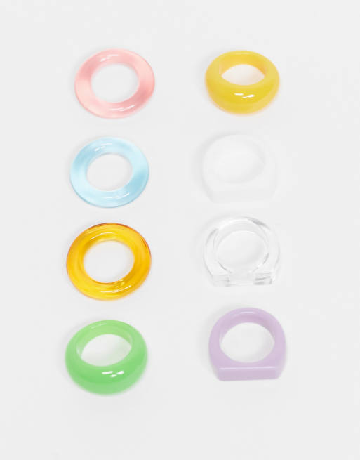 ASOS DESIGN pack of 8 mixed colourful rings in plastic, 2 of 4